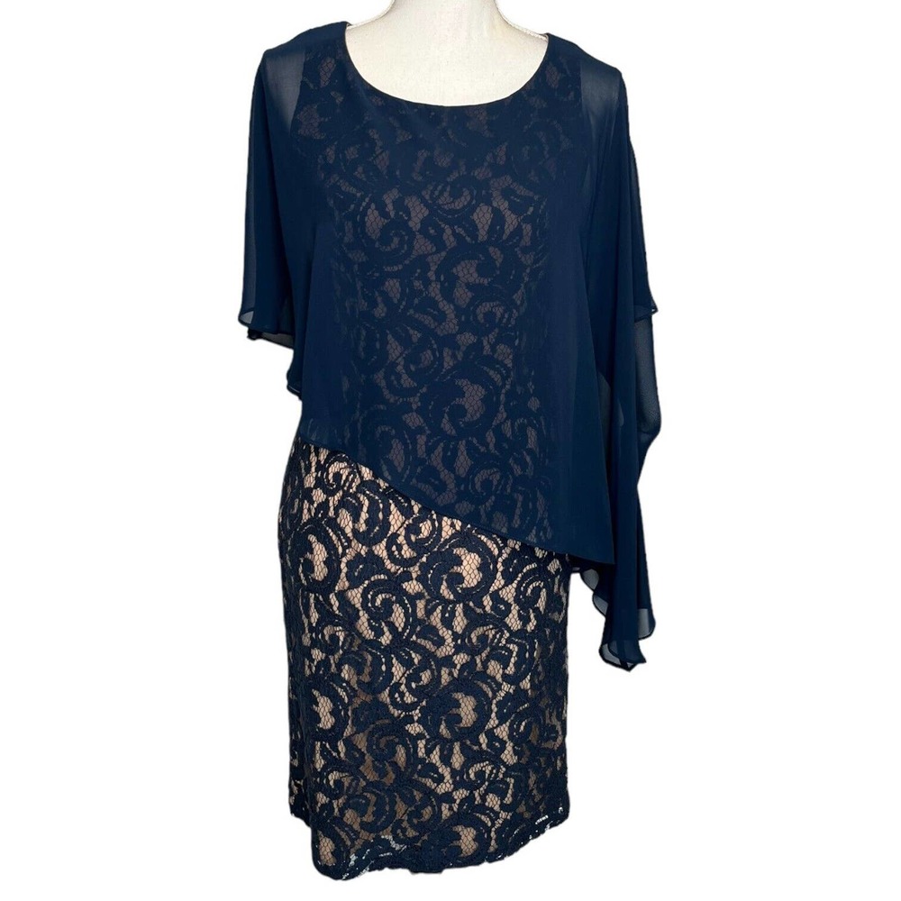 Adrianna Papell Dress Womens 4 Chiffon Drape Lace Overlay Evening Cocktail Blue